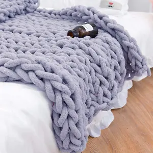 Grey Soft Handwoven Knitted Chenille Blanket for Couch and Bed 60cm L x 60cm W