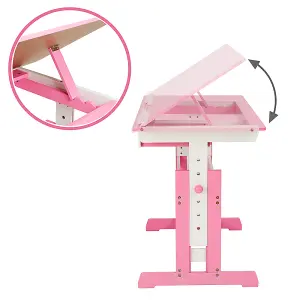 Desk - for children, wooden, tiltable tabletop, 7 height settings, with drawer - pink