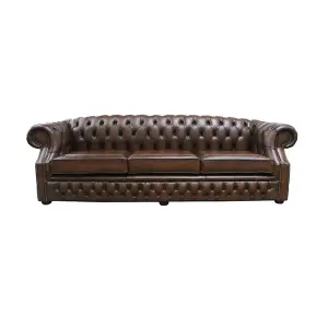 Chesterfield 4 Seater Antique Tan Real Leather Sofa In Buckingham Style