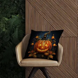 Spooy Pumpkin With Leaves And Small Candles Outdoor Cushion 60cm x 60cm