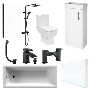 Modern Bathroom Suite 1700 Bath, Waterproof Front Panel, Close Coupled WC, 1 Door Vanity Unit, Black Shower & Waterfall Tap Set