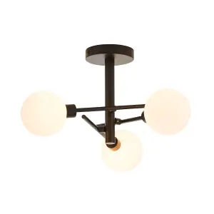 Litecraft Supa Black 3 Arm Stick Semi-Flush Ceiling Light