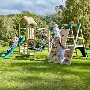 Rebo Wooden Climbing Frame with Swings, 2 Slides, Up & over Climbing wall and Monkey Bars - Cairngorm