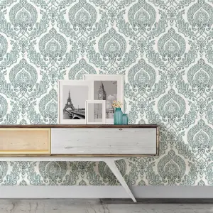 NuWallpaper NU1702 Kensington Damask Peel & Stick Wallpaper, Blue