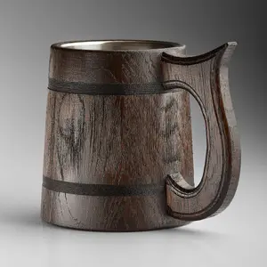 Handmade Large Oak Wooden Tankard Mug - Amazing Craftsmanship and Quality Materials - Heavy Duty & Long-Lasting Dark Brown Mug