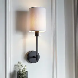 Luminosa Avellino Wall Lamp with Shade Matt Black, Vintage White Fabric