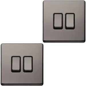 2 PACK 2 Gang Single Light Switch SCREWLESS BLACK NICKEL 2 Way 10A Slim Rocker