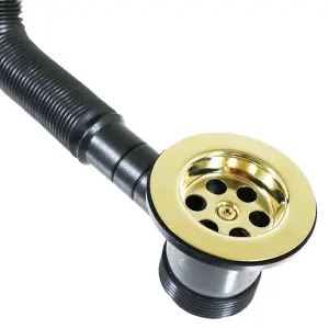 SPARES2GO Bath Combination Waste Plug and Chain Luxury Gold Brass Flexible Overflow Pipe Kit (40mm 1 1/2")