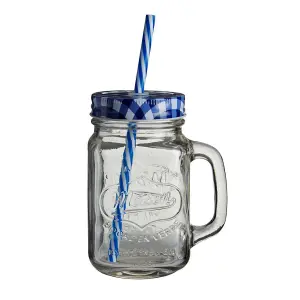 Interiors by Premier Versatile Embossed Coloured Mason Jar Mug With Blue Gingham Lid, Embossed Glass Bottle With Metal Lid