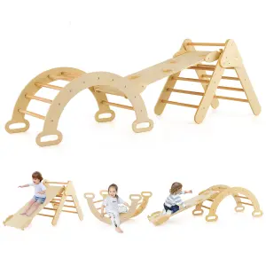 Costway 3-in-1 Triangle Climbing Set Wooden Toddler Climbing Frame with Reversible Ramp Arch