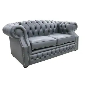 Chesterfield 2 Seater Vele Charcoal Grey Leather Sofa In Buckingham Style