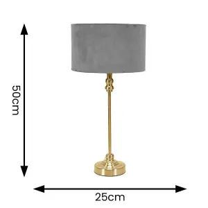 ValueLights Maggie Gold Metal Candlestick Slim Table Lamp with Grey Velvet Drum Lamp Shade and LED Bulb