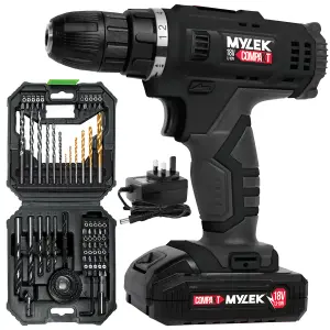 18V Cordless Drill Electric Screwdriver Set Lithium Ion Battery Pack 18 Volts Combi Driver With MYLEK 4ORCE 56-Piece Kit