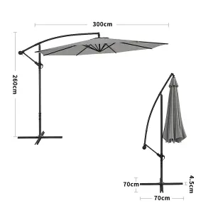 3M Large Rotatable Garden Sun Shade Cantilever Parasol Patio Hanging Banana Umbrella Crank Tilt with Cross Base, Light Grey