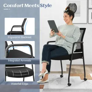 COSTWAY 2 Pcs Office Guest Chairs on Wheels Mesh Back Reception Chair