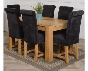 Kuba 150 x 85 cm Chunky Medium Oak Dining Table and 6 Chairs Dining Set with Washington Black Fabric Chairs