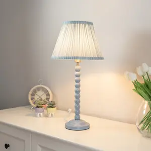 ValueLights Bobbles Powder Blue Bobbin Table Lamp with Blue Pleated Shade