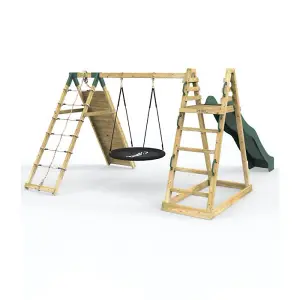 Rebo Wooden Pyramid Climbing Frame with Swings and 8.7ft Water Slide - Looking Glass