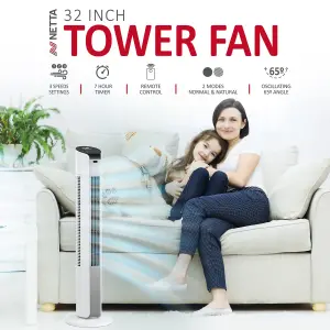 NETTA 32 Inch Tower Fan With Remote Control, Timer Quiet Cooling for Living Room, Bedroom, Office - White