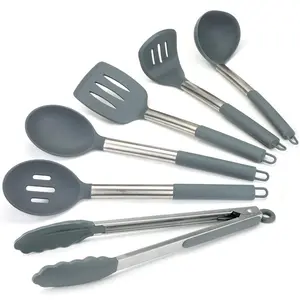 Premium 6Pc Silicone Kitchen Utensil Set For Cooking. Sleek Grey And Brushed Stainless Steel. Includes; Tongs, Serving Spoon, Slotted Spoon & Turner, Ladle, Potato Masher