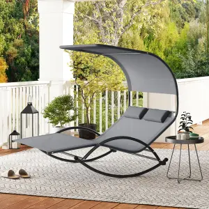 COSTWAY Outdoor Double Chaise Rocker Rocking Daybed Sun Lounger w/ Canopy