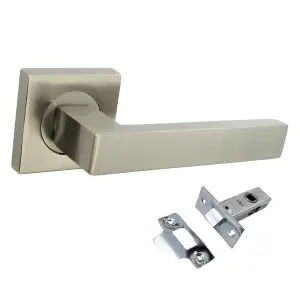 Cafri Door Handle Satin Nickel Rectangular Lever on Square Rose Internal Handles + 64mm Latch