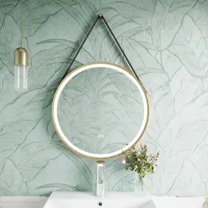 Round LED Illuminated Touch Sensor Framed Mirror with Demister & Strap, 600mm - Brushed Brass/Brown