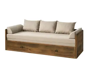 Sofa Bed Fold Out Storage Beige Fabric Oak finish & Metal Detail 3 Seater Indiana Rustic