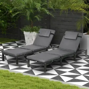 Rattan Sun Loungers Set of 2 w/ 5-Level Adjustable Backrest Headrest Dark Grey