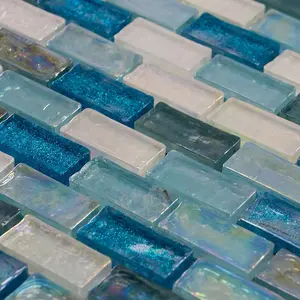 Luxury Textured Aqua, Blue & Pearl Iridescent Glass Mosaic Wall Tiles Sheet 8mm