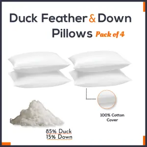 Duck Feather & Down Pillows Extra Filled Hotel Quality Anti-Allergenic 100% Cotton Cover Deep Sleep Pillows Pack of 4