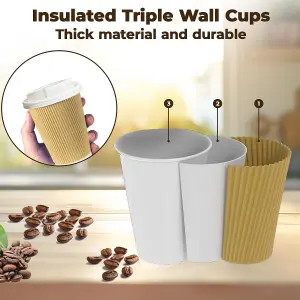 ECONX 12oz Takeaway Coffee Cups with White Lids Triple Walled Insulated Disposable Ripple Coffee Cups (Pack of 100)