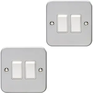 2 PACK 2 Gang Double Light Switch 2 Way 10A HEAVY DUTY METAL CLAD - White Rocker