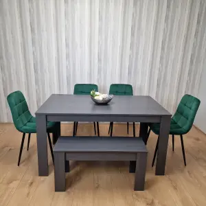 Grey Dining Table and 4 Green Velvet Tufted Chairs with 1 Bench