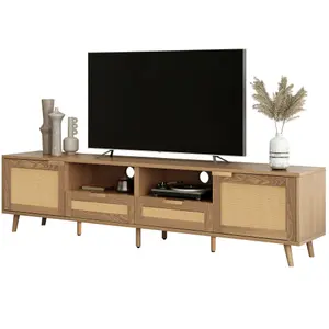 Modern Rattan and Oak Wood TV Stand TV Cabinet Console Table with Storage and Drawers Living Room Furniture