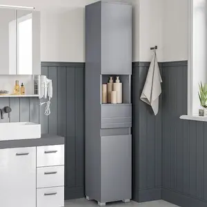 VASAGLE Bathroom Storage Cupboard, Narrow Cabinet, Bathroom Storage Organizer, with Drawer, Adjustable Shelves, Mystic Grey