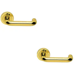 2 PACK - Premium Concealed Door Handle Set - Polished Brass Lever on Round Rose Curve Bar