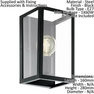 LED Wall Light / Sconce Black Steel & Clear Glass Box Shade 1 x 60W E27 Bulb