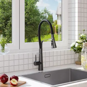 Black Stainless Steel Side Lever Kitchen Spring Neck Pull Out Kitchen Tap Mixer Tap