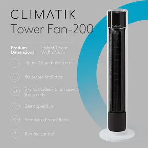 Climatik 43-inch XL Ultra Quiet Tower Fan, Bladeless Internal Oscillation with 6 Speed Settings, Includes Remote, 12-hour Timer,