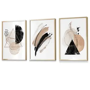 Abstract Beige Black and Gold Set of 3 Wall Art Prints / 42x59cm (A2) / Gold Frame