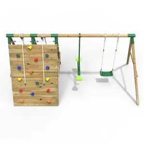 Rebo Beat The Wall Wooden Swing Set with Double up & Over Climbing Wall -Peak