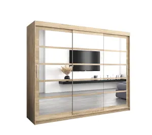 Timeless Oak Sonoma Sliding Door Wardrobe H2000mm W2500mm D620mm with Mirrored Panels and Silver Handles