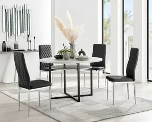 Adley Grey Concrete Effect And Black Round Dining Table with Storage Shelf and 4 Black and Silver Milan Modern Faux Leather Chairs