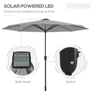 Outsunny Solar Patio Garden Parasol with Lights for Outdoor, Light Grey