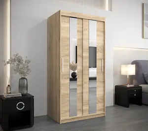 Stylish Oak Sonoma Pole Sliding Door Wardrobe W1000mm H2000mm D620mm - Mirrored Storage with Silver Handles