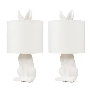 ValueLights Lepus Pair of Modern White Ceramic Rabbit/Hare Table Lamps with White Shade with LED Bulb