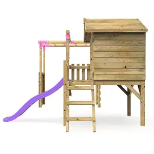 Rebo Orchard 4ft Wooden Children's Playhouse, Swings, Monkey Bars, Deck & 6ft Slide - Single Swing - Solar Purple