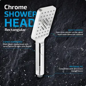 SPARES2GO Shower Head Rectangular Chrome 1/2inch 3 Mode Spray Large Showerhead