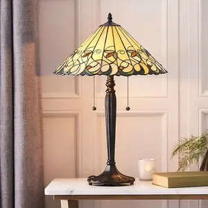 Tiffany Glass Table Lamp Light Dark Bronze & Amber Bead Art Nouveau Shade i00210